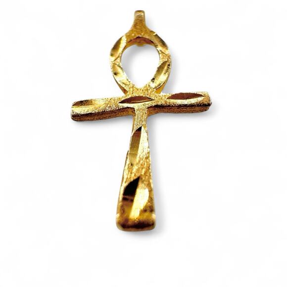 14K Yellow Gold Ankh Cross Pendant Charm Textured Cut Etched Egyptian Style .56g - Picture 3 of 4